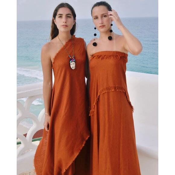 T. ZOVICH Strapless Dress Maxi Rust Brown Raw Hem Medium Boho Resort Raw Hem - Picture 2 of 10